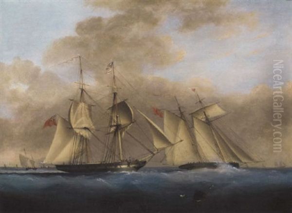 A Royal Navy Bring Heaving-to In The Wake Of The Royal Yacht Squadron Topsail Schooner Racing To Windward Oil Painting by Nicholas Matthew Condy