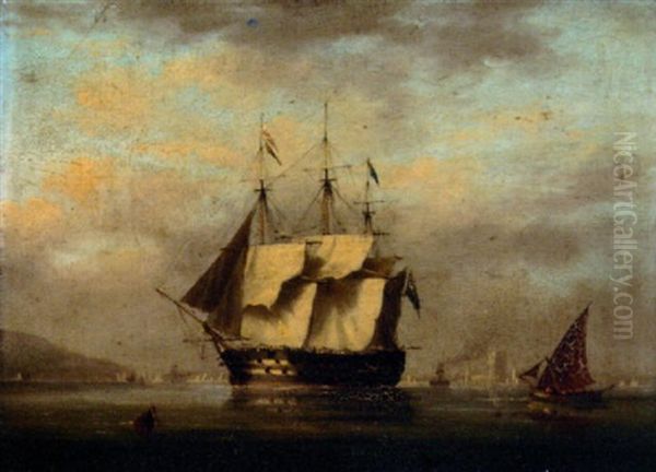 A British Two-decker Arriving At Lisbon And Preparing To Anchor With The Belem Tower Off Her Stern Oil Painting by Nicholas Matthew Condy