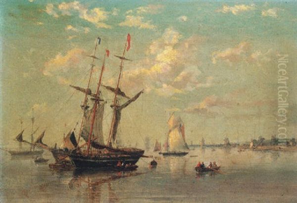 Schooners At Their Moorings Before A Low Countries Port Oil Painting by Nicholas Matthew Condy