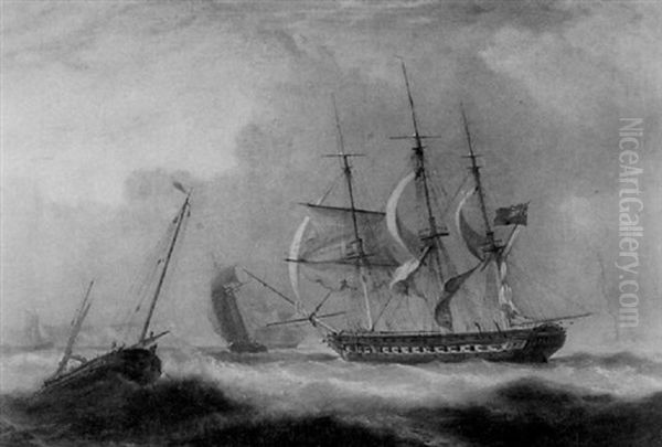 A Frigate And Other Shipping In Heavy Seas Off The South Coast Oil Painting by Nicholas Matthew Condy