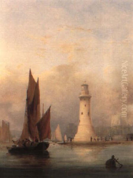 Shipping In A Calm By A Lighthouse by Nicholas Matthew Condy