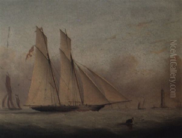 In Full Sail Off Lighthouse (the Eddystone?) Oil Painting by Nicholas Matthew Condy