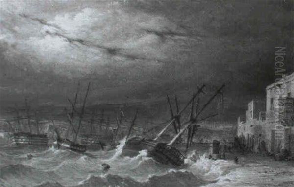 Ships In Stormy Waters Off A Port Oil Painting by Nicholas Matthew Condy