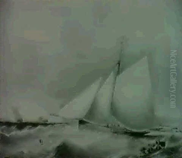 A Racing Yacht Off A Rocky Coast Oil Painting by Nicholas Matthew Condy