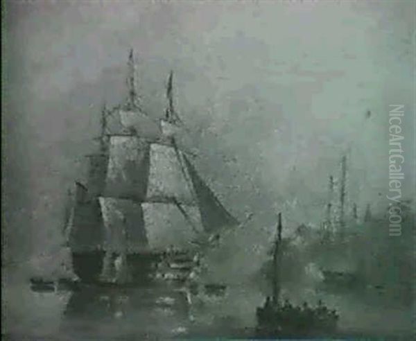 A Man-o-war Entering An Estuary, Another Anchored Beyond    Firing A Salute; A Man-o-war Heeling Over In A Stiff Breeze Oil Painting by Nicholas Matthew Condy