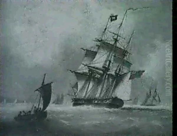 1) A Man-o-war Entering An Estuary, Another Anchored Beyond Firing A Salute.2)a Man-o-war Heeling Over In A Stiff Breeze Oil Painting by Nicholas Matthew Condy