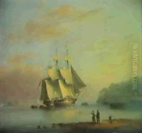 A British Frigate Off The Coast At Mount Edgecumbe, Plymouth Oil Painting by Nicholas Matthew Condy