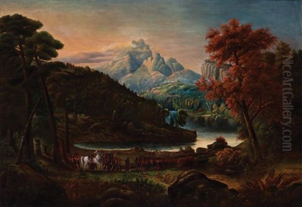 River Landscape With A Native American Procession Oil Painting by William B. Conely