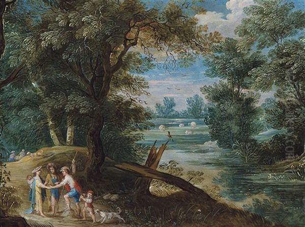 Wooded Landscape With Meeting At The Waterfront Oil Painting by Gillis Congnet the Younger