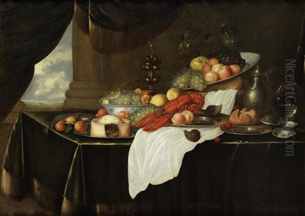 A Still Life Of A Lobster, A Pie And Various Fruits In Blue And White Bowls And On Pewter Plates, Together With A Basket Of Bread, A Wine Glass, Gilt Goblet, Pewter Flagon, Oysters And A Fig On A Table Draped With A Red Velvet Cloth by Andries De Coninck