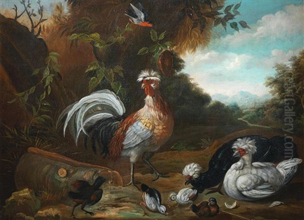 Cockerels And Other Birds Before A Fountain; And A Cockerel, Hens And Other Birds In A Landscape (2) Oil Painting by David de Coninck