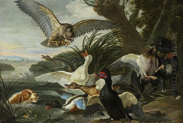 A Landscape With Ducks Attacked By Two Springer Spaniels And A Buzzard Oil Painting by David de Coninck