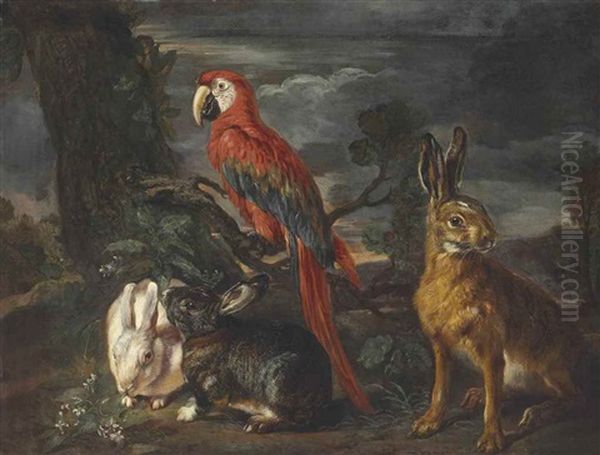 Rabbits, A Hare, And A Scarlet Macaw Oil Painting by David de Coninck