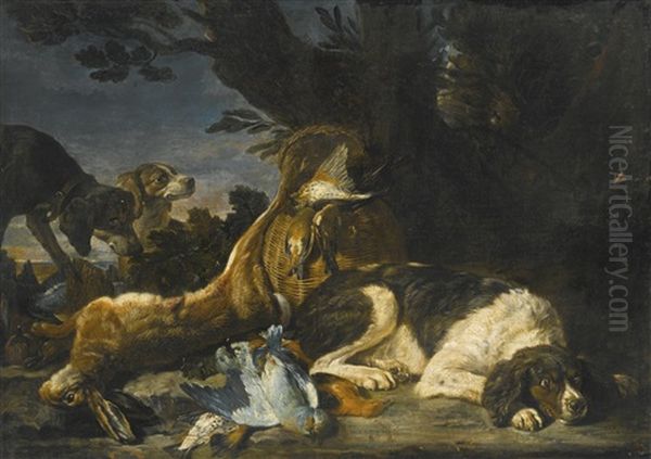 A Hare And Game Birds With Three Dogs, A Landscape Beyond Oil Painting by David de Coninck