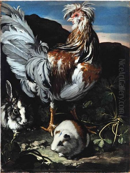 A Rooster, Rabbit And Guinea Pig In A Landscape Oil Painting by David de Coninck