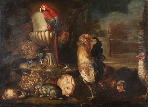 Bodegon Con Aves, Conejos, Frutas Y Flores Oil Painting by David de Coninck