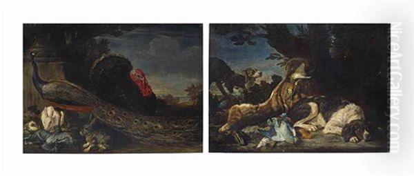 A Peacock, Wild Turkey, Hares, And Pigeons In A Garden, A Landscape Beyond; And A Hare And Game Birds With Three Dogs, A Landscape Beyond Oil Painting by David de Coninck