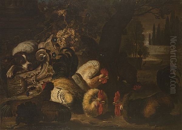 Cane E Volatili In Un Paesaggio Oil Painting by David de Coninck