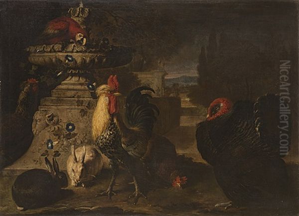 Gallo, Tacchino, Conigli Ed Un Pappagallo In Un Paesaggio Oil Painting by David de Coninck