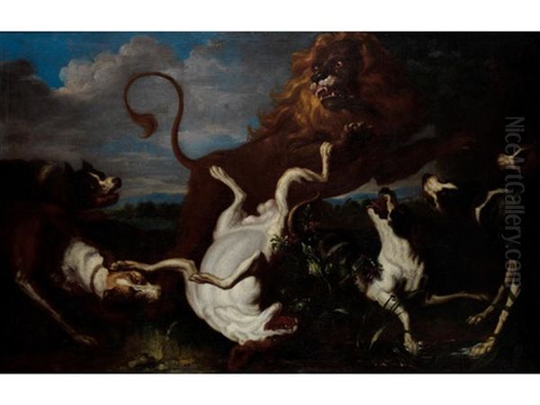 A Lion Hunt Oil Painting by David de Coninck