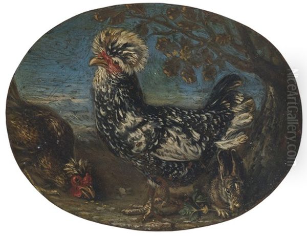 Roosters And A Rabbit In A Landscape Oil Painting by David de Coninck