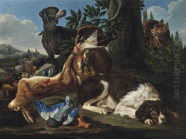 A Hound And A Spaniel With Game In A Landscape Oil Painting by David de Coninck