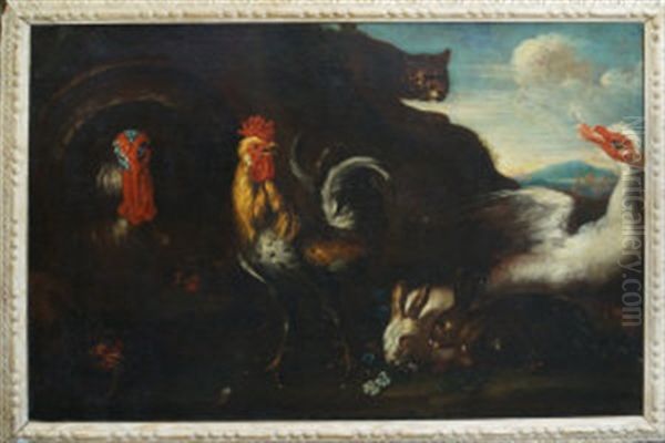 A Cockerel, Rabbits, A Turkey, A Goose Alarmed By A Cat Oil Painting by David de Coninck