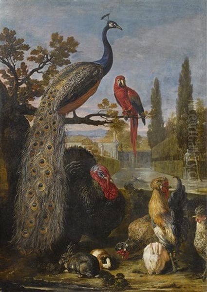 Erlegtes Wild Bewacht Von Hunden In Einer Waldlandschaft; Ein Pfau, Ein Papagei, Truthahn, Hahne, Hasen Und Ein Meerschweinchen In Einer Parklandschaft (pair) Oil Painting by David de Coninck