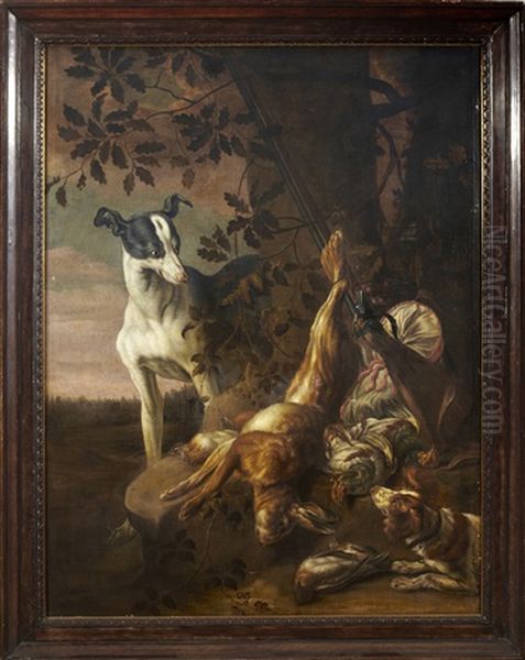 Jaktstilleben Med Hare, Kramsfagel Och Jakthundar Oil Painting by David de Coninck