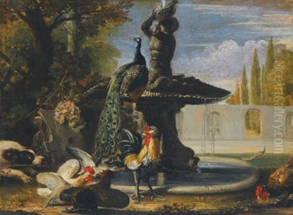 A Dog Startling Cockerels Before A Fountain With A Peacock Oil Painting by David de Coninck