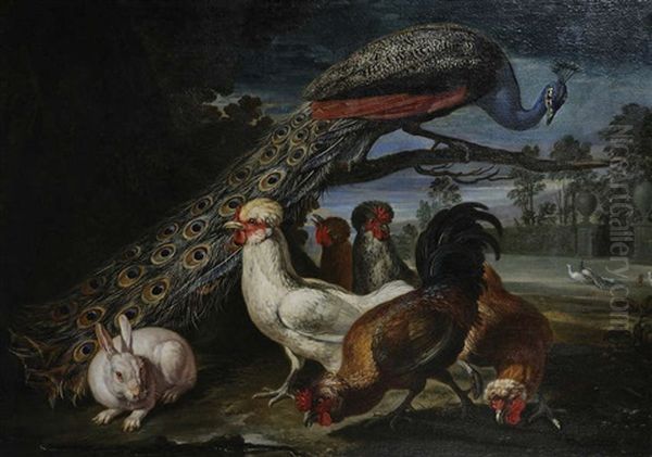 Paon, Poules Et Lapin Devant Un Parc Oil Painting by David de Coninck