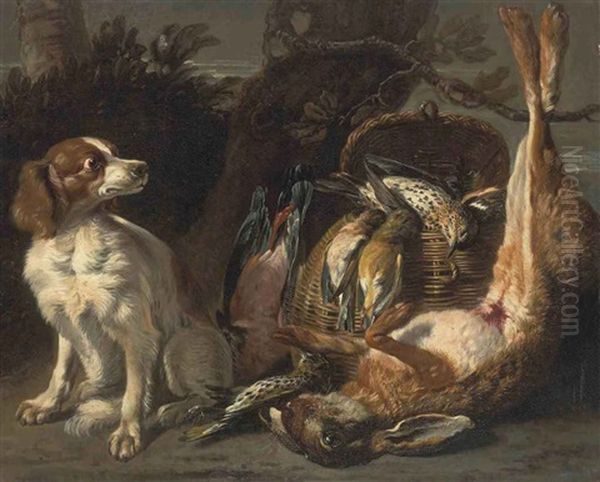 A Spaniel, With Dead Birds In A Basket And A Dead Rabbit, In A Landscape Oil Painting by David de Coninck