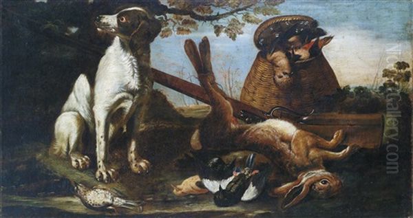 Wildbret Von Einem Hund Bewacht In Einer Landschaft by David de Coninck