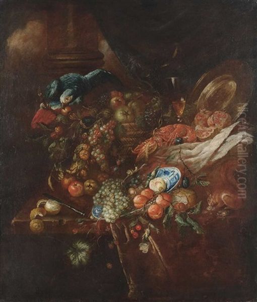 Prunkstillleben Mit Papagei, Hummer Und Eichhornchen Oil Painting by David de Coninck