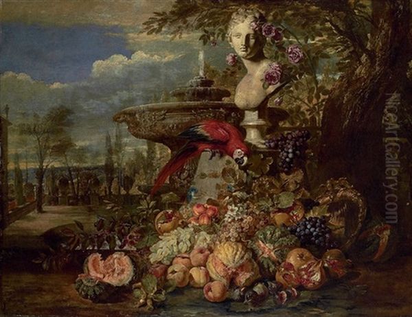 A Parrot, Melons, Peaches, Pomegranates, Grapes, Cherries And Trailing Blossoms In An Italianate Park Oil Painting by David de Coninck