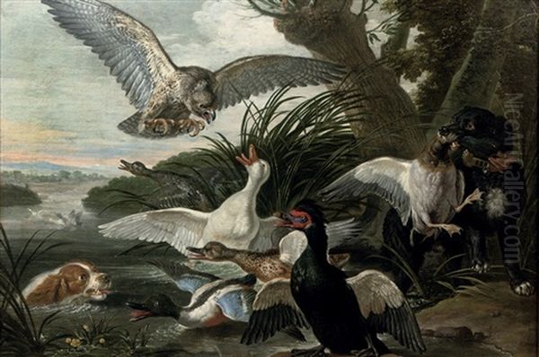 Waterfowl Under Attack By Two Springer Spaniels And A Buzzard, In A River Landscape Oil Painting by David de Coninck