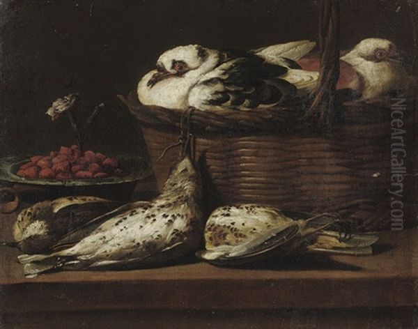 Doves In A Wicker Basket Oil Painting by David de Coninck