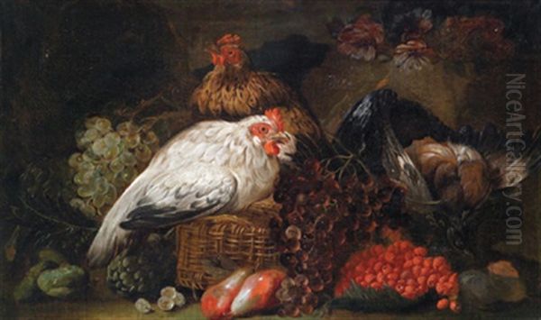 Ein Stillleben Mit Huhnern, Weintrauben, Birnen Und Erdbeeren Oil Painting by David de Coninck