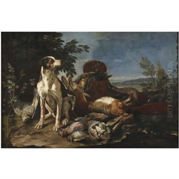 A Hunting Still Life With A Hound Seated Beside Dead Game, An Extensive Landscape Beyond Oil Painting by David de Coninck