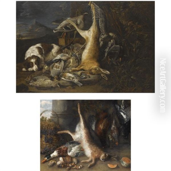 A Still Life Of A Suspended Dead Hare And Two Mallards, Dead Birds And A Dog With Hunting Gear, An Extensive Landscape In The Background (2 Works) Oil Painting by David de Coninck