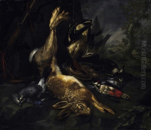 Jagdstilleben Mit Erlegtem Hasen Und Vogeln Oil Painting by David de Coninck