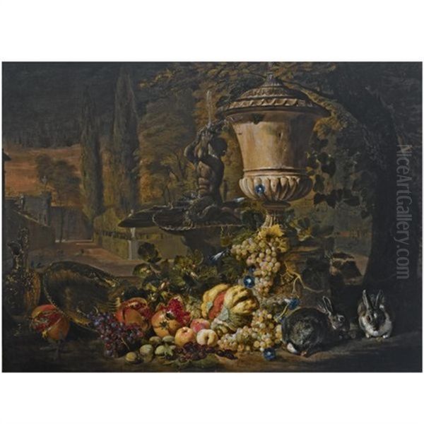 A Still Life Of Fruit, Including A Melon, Open Pomegranates And Grapes, An Ornamental Urn And Two Rabbits Near A Fountain In A Formal Garden Oil Painting by David de Coninck