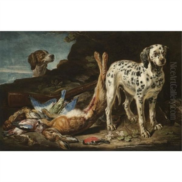 Still Life With Dogs, A Gun, A Dead Hare And Game Oil Painting by David de Coninck