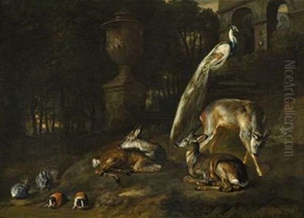 Ornamental Garden With Peacock, Deer, Rabbits And Guinea Pigs Oil Painting by David de Coninck