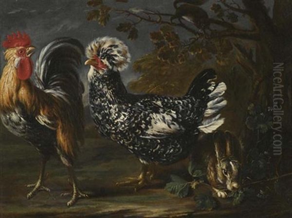 Hahn, Henne, Hase Und Eichhornchen Oil Painting by David de Coninck