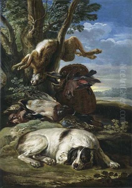 Scene De Chasse (+ Another, Similar; Pair) Oil Painting by David de Coninck