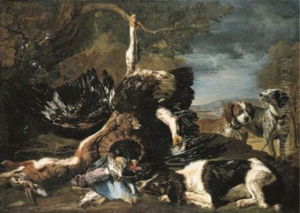 A Spaniel, An Eagle, A Hare And A Wicker Basket With A Jay, Finches And Other Birds Overlooked By Two Hounds, A Mountainous Landscape... Oil Painting by David de Coninck