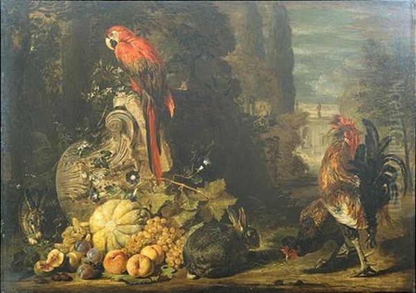 Still Life Of A Melon, Peaches, Grapes And Plums, Together With Rabbits, A Parrot, Cockerel And Hen, Gathered Around An Over-turned Corinthian Column Capital, A Parkland Setting Beyond Oil Painting by David de Coninck