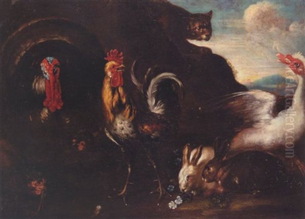 A Cockerel, Rabbits, A Turkey, A Goose Alarmed By A Cat Oil Painting by David de Coninck