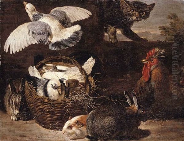 A Still Life Of Pigeons, Rabbits, A Cat, A Chicken And A Guinea Pig In A Farmyard Setting Oil Painting by David de Coninck